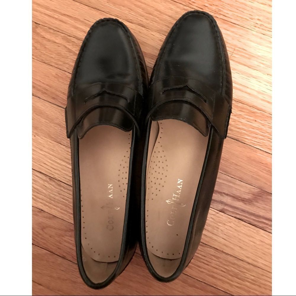 Cole Haan Black Leather Penny Loafers with Tan Insole